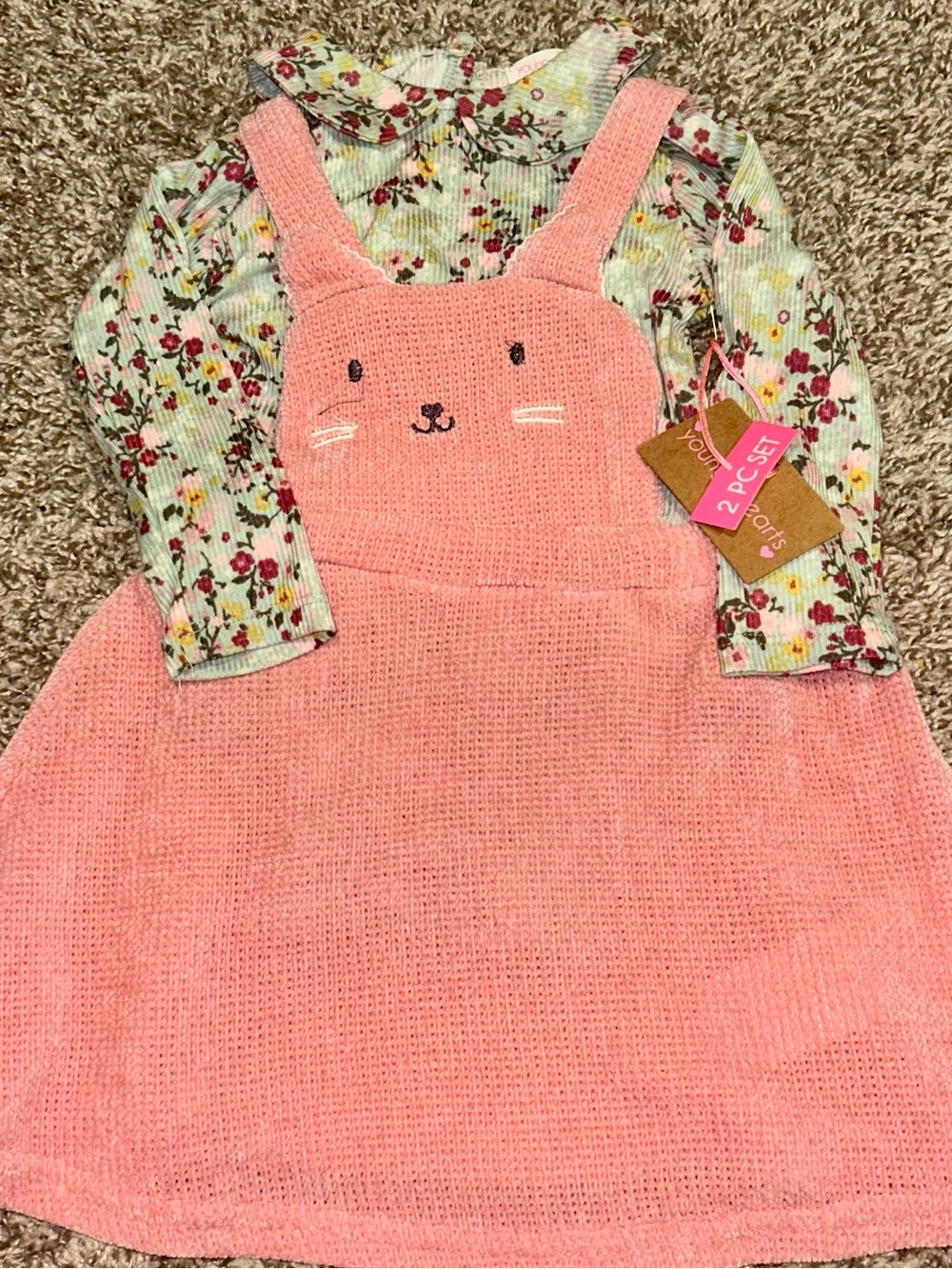 Coral Knit Pinafore Dress with Floral Long-Sleeve Top - Cute Bunny Detail